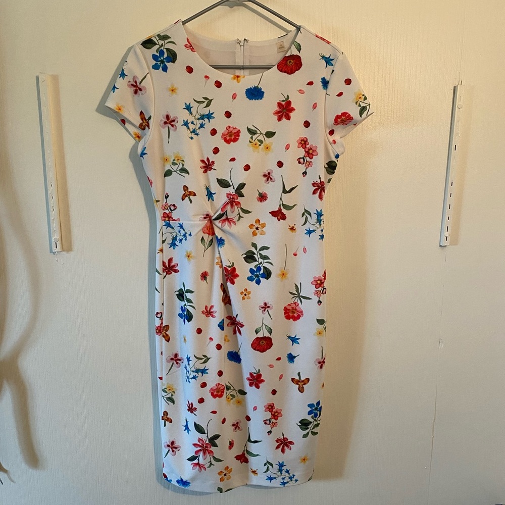 Calvin Klein White Floral Midi Dress | Size 10 | Zipper Back